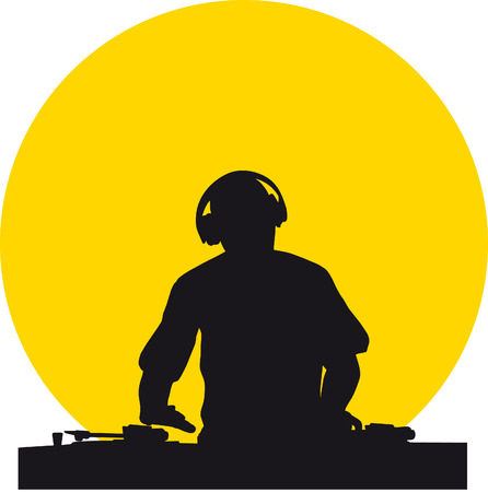 Silhouette of a DJ wearing headphones in front of a yellow sunのイラスト素材