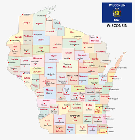 wisconsin administrative map with flagのイラスト素材