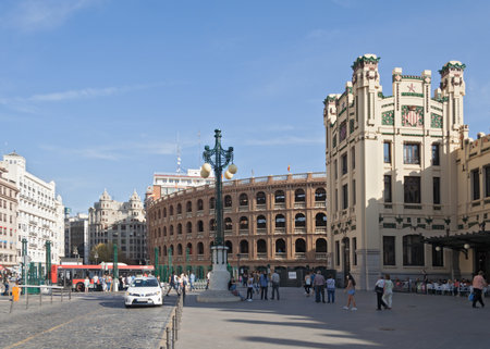 Plaza de Toros and Railway Station (Estacion del Nord) in Valencia Spainのeditorial素材