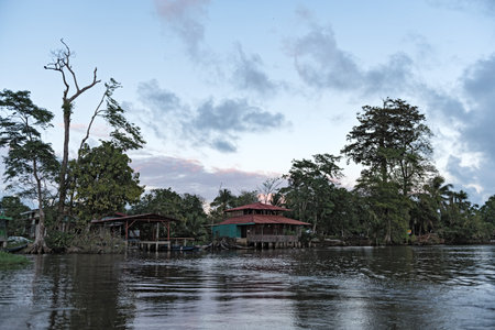 Sunset on the Tortuguero river, Costa Ricaのeditorial素材