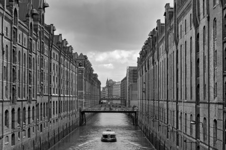 View of a canal in the Speicherstadt in black and white, Hamburg, Germanyのeditorial素材