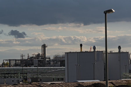 Factory building in an industrial park in Frankfurt-Hoechst, Germanyのeditorial素材