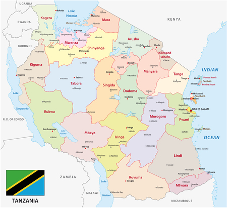 tanzania administrative and political vector map with flagのイラスト素材