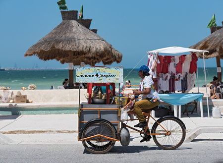 Fruit seller on a yellow tricycle on the quay street of Progreso, Yucatan, Mexicoのeditorial素材