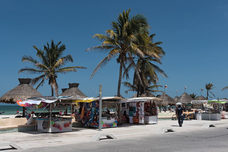 Souvenir stalls on the beach promenade of Progreso, Yucatan, Mexicoのeditorial素材