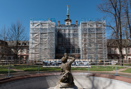 Renovation of the facade at the Bolongaropalast in Frankfurt-Hoechst, Germanyのeditorial素材