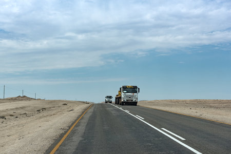 trucks on the road B2 east of Swakopmund, Namibia.のeditorial素材