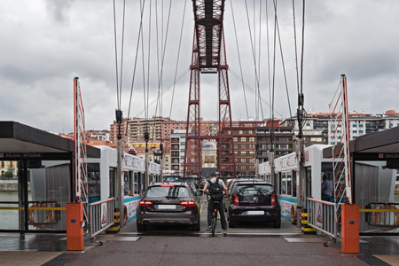 the suspension bridge of bizkaia (puente de vizcaya) between getxo and portugalete over the ria de bilbao.のeditorial素材