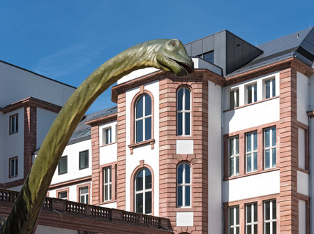 model of a diplodocus in front of the senckenberg naturmuseum, frankfurt am main, germany.のeditorial素材
