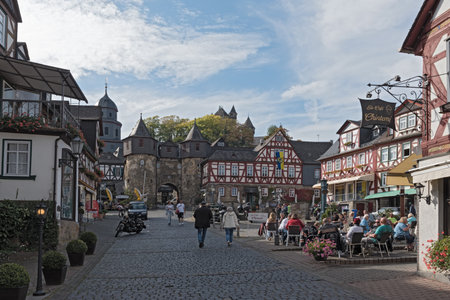 Historic half-timbered houses at the market square in the old town Braunfels, Hessen, Germany.のeditorial素材