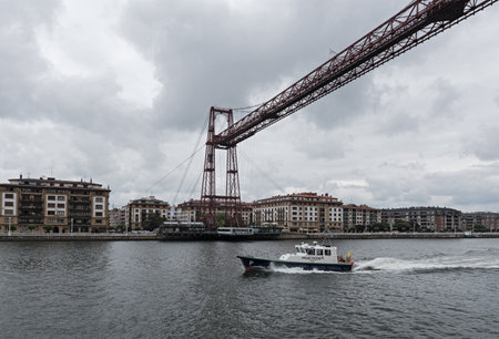 the suspension bridge of bizkaia (puente de vizcaya) between getxo and portugalete over the ria de bilbao.のeditorial素材
