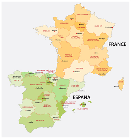 administrative and political map of spain and france in the respective national language.のイラスト素材