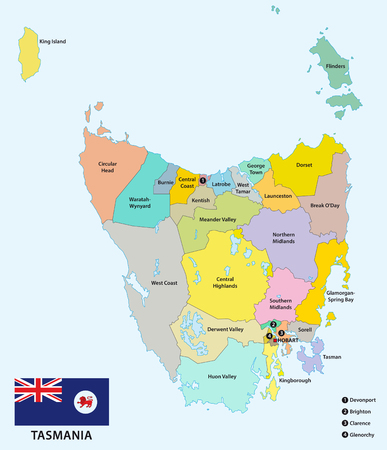 Administrative and political map of the 29 Local government areas of Tasmania with flag, Australiaのイラスト素材