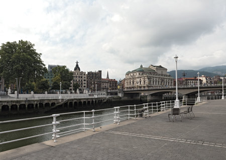 view of the estuary of bilbao and the arenal aridge, bilbao, basque country, spainのeditorial素材