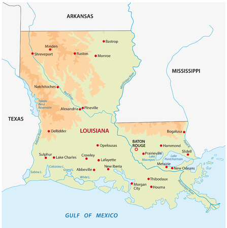 simple colored louisiana state physical vector mapのイラスト素材