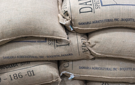 coffee beans packed in jute bags for exportのeditorial素材