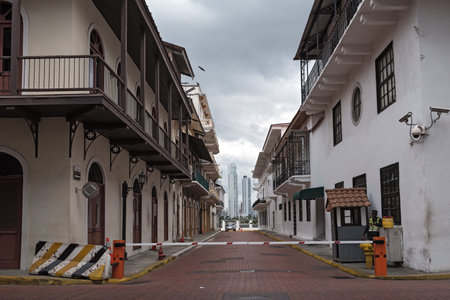 street with houses in colonial style in the old town casco viejo of panama cityのeditorial素材