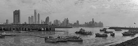 panoramic view of the skyline of panama city in black and whiteのeditorial素材