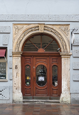 old wooden door in a stone house krakow polandのeditorial素材