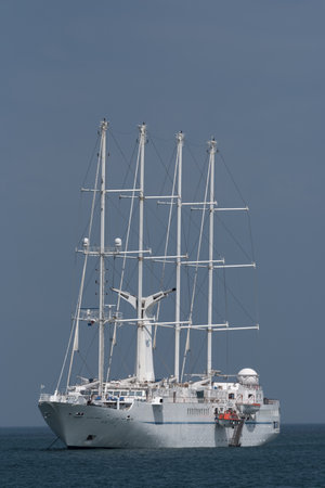 The big beautiful sailing ship in front of the port of panama city