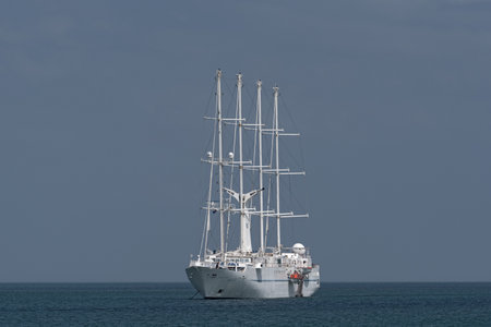 The big beautiful sailing ship in front of the port of panama city
