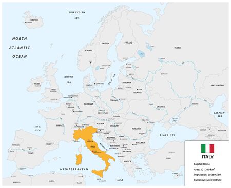 Location of Italy on the European continent with small information box and flagのイラスト素材