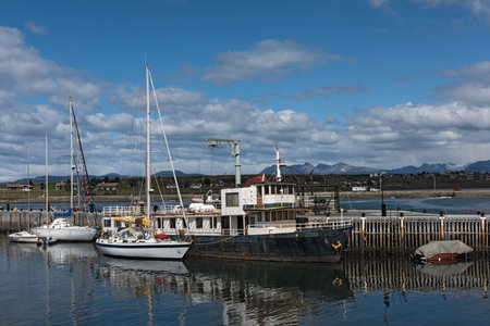 Boats in the port of Ushuaia, Tierra del Fuego, Patagonia, Argentinaのeditorial素材