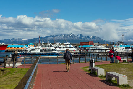 view of the ships and boats in Ushuaia Harbor, Argentinaのeditorial素材