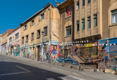 Colored graffiti, street art on the walls of Valparaiso, Chileのeditorial素材