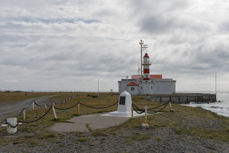 Punta Delgada lighthouse on Magellan Strait, Patagonia, Chileのeditorial素材