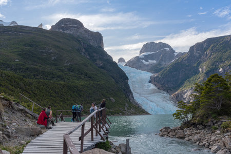 Visitors at a viewpoint on the Serrano Glacier, Patagonia, Chileのeditorial素材