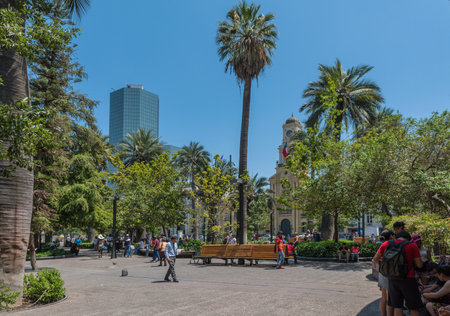 Unidentified people walk on Plaza de Armas square in the center of Santiago, Chileのeditorial素材