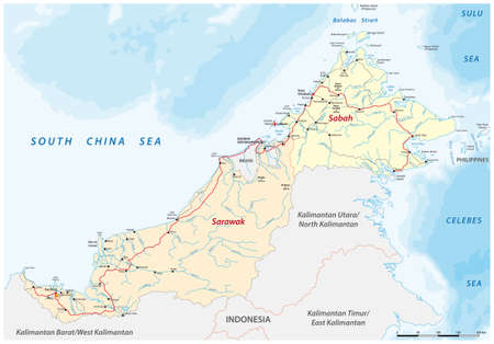 vector road map of the Malaysian states of Sarawak and Sabah on the island of Borneo, Malaysiaのイラスト素材