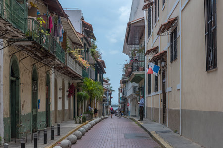 beautiful building facades in the historic old town, Casco Viejo, Panama Cityのeditorial素材