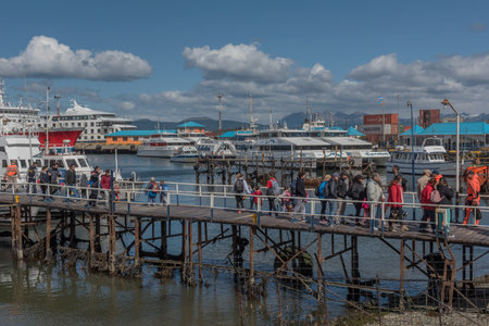 Tour boats in the port of Ushuaia, Patagonia, Argentinaのeditorial素材