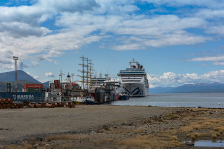 cruise ship in the Beagle Channel off Ushuaia, Patagonia, Argentinaのeditorial素材