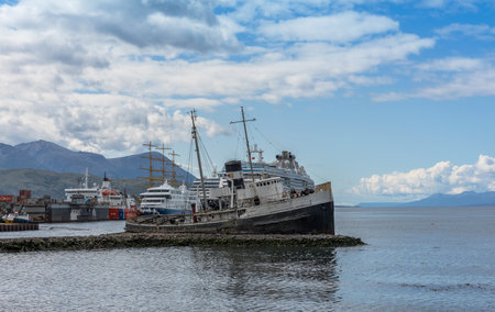 the shipwreck of St. Christopher in the port of Ushuaia, Patagonia, Argentinaのeditorial素材