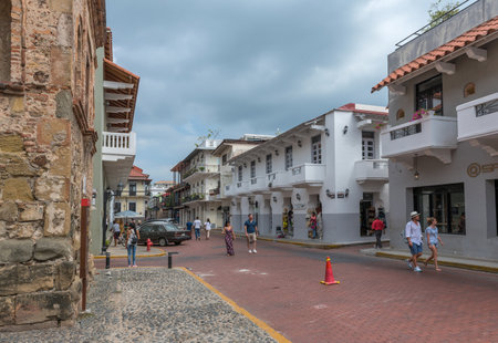 building facades in the historic old town, Casco Viejo, Panama Cityのeditorial素材