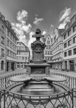 Stoltze fountain at the chicken market in the reconstructed historic old town, Frankfurt, Germanyのeditorial素材