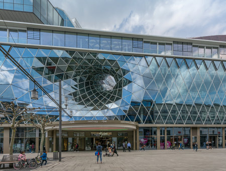 View of the Zeil with the entrance of the MyZeil shopping center, Frankfurt, Germanyのeditorial素材