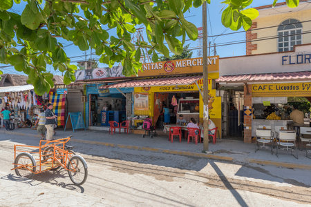 shops and restaurants on the main street of Tulum, Quintana Roo, Mexicoのeditorial素材