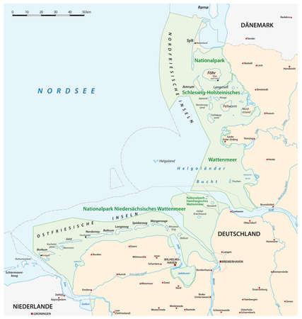 Vector map of the three Wadden Sea National Parks in german language, Germanyのイラスト素材