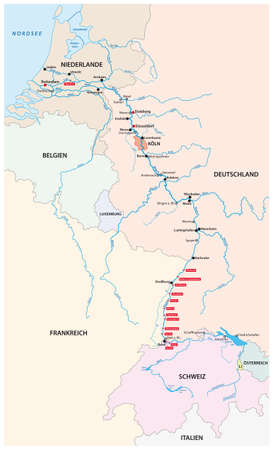 River system map Rhine with the most important cities and tributaries in German languageのイラスト素材