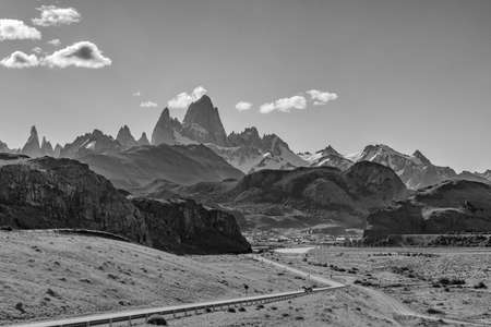 Mount Fitz Roy and Cerro Torre, Las Vueltas River near El Chalten, Argentinaの写真素材