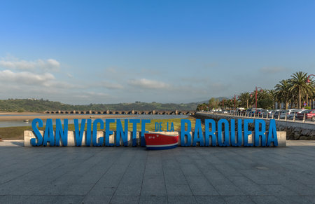 Blue San Vicente de la Barquera writing in the port, Cantabria, Spainのeditorial素材