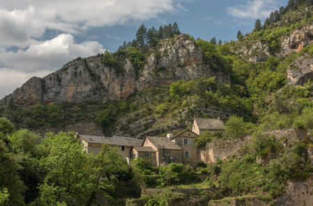 Historical buildings in the commune of Sainte-Enimie, Gorges du Tarn Causses, Occitania, Franceの写真素材