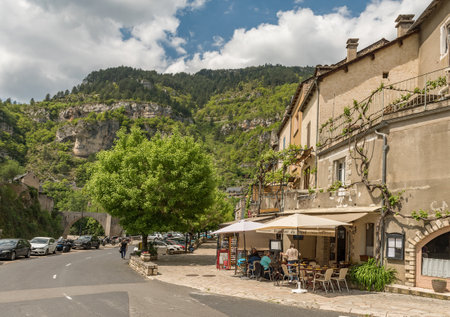 Cafe and restaurant in Sainte-Enimie, Gorges du Tarn, Occitania, Franceのeditorial素材