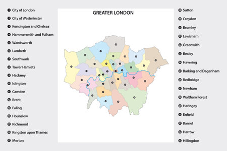 Administrative map of Greater London region, United Kingdomのイラスト素材