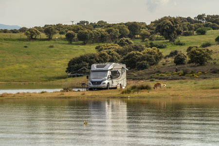 view of the alange reservoir, Badajoz, Extremadura, Spainのeditorial素材