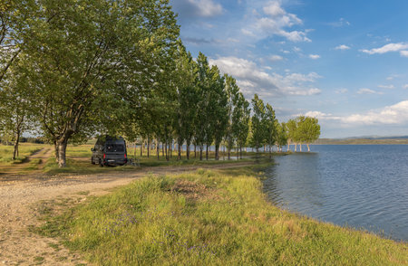 view of the alange reservoir, Badajoz, Extremadura, Spainのeditorial素材
